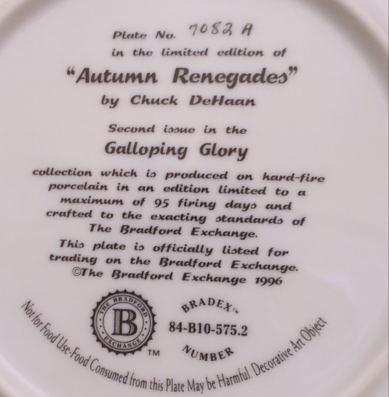Bradford Collection HORSE PLATE Autumn Renegades Galloping Glory  DeHaan Signed - Picture 4 of 11